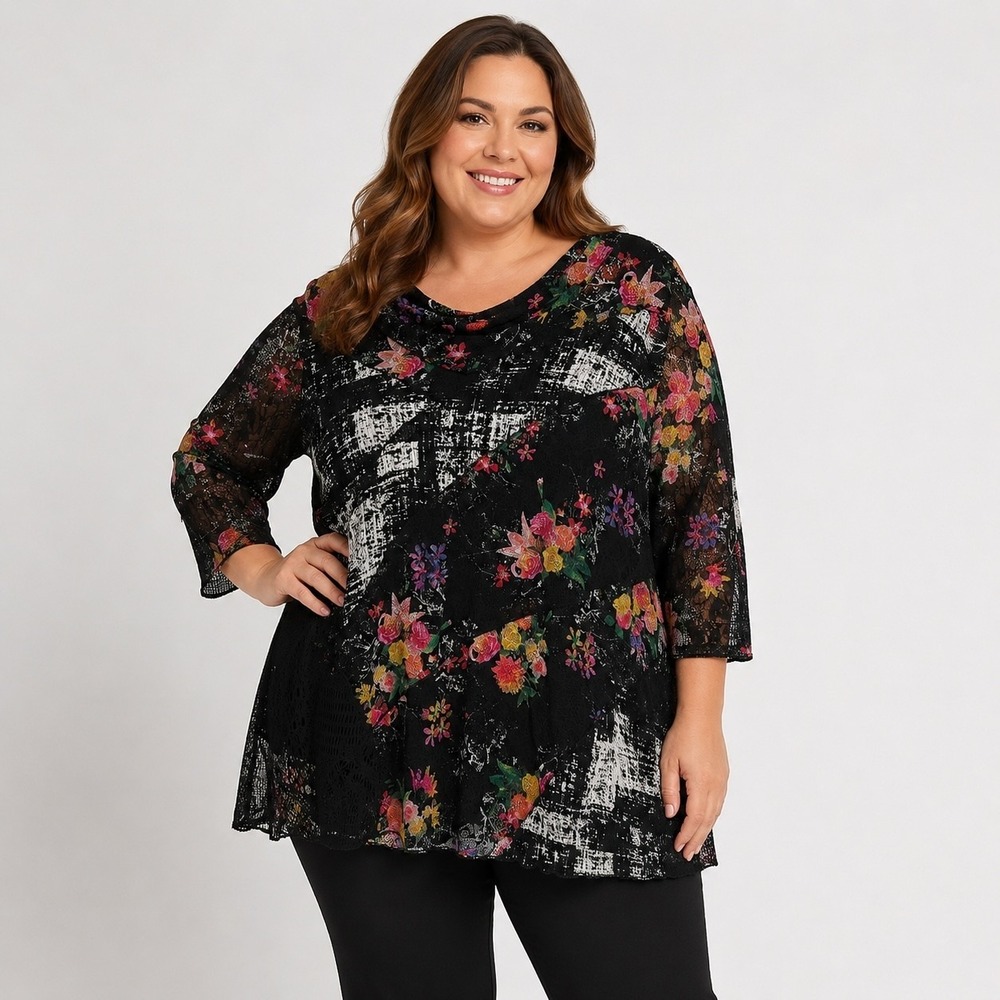 Calessa Floral Mesh Tunic Top Womens 2X 3/4 Sleeve Stretch Black Artwear Casual